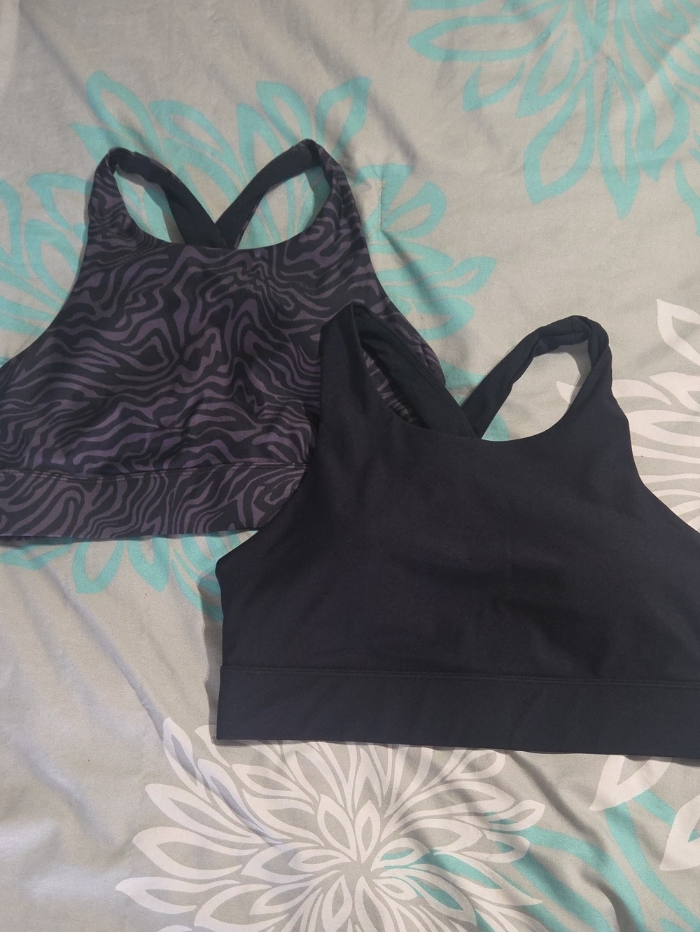 Fabletics Black Solid and Charcoal Zebra Print Racerback Sports Bras